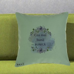 Cadou pentru Bunica - Perna Personalizata Cea Mai Buna Bunica Flori Mov Acuarela Negru, 40x40 cm, Verde, Husa Detasabila, Perna Inclusa, BEKZ®