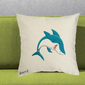 Perna Decorativa Rechin Albastru Cartoon, 40x40 cm, Ecru, Husa Detasabila, Perna Inclusa, BEKZ®