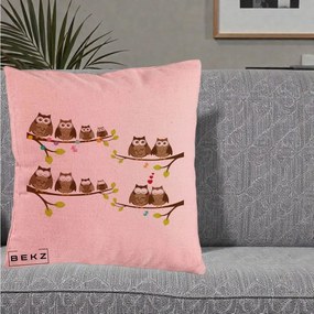 Perna Decorativa Familie de Bufnite pe Ramuri, 40x40 cm, Roz, Husa Detasabila, Perna Inclusa, BEKZ®