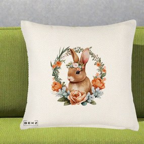 Perna Decorativa Iepuras Floral Coronita Acuarela, 40x40 cm, Crem Reliefat, Husa Detasabila, Perna Inclusa, BEKZ®