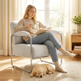 HOMCOM Fotoliu de Living cu Șezut Gros, Spațios, Cusături Duble, Fotoliu pentru Dormitor în Chenille Moale, Ușor de Asamblat, Cadru din Oțel, pentru Living, Birou, Bej | Aosom Romania