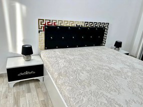 Set pat tapitat Palermo, culoare alb / negru, cu 2 noptiere Viena si saltea superortopedica lux 160 x 200 cm
