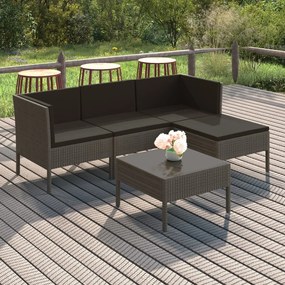 Set mobilier de gradina cu perne, 5 piese, gri, poliratan 2x colt + mijloc + suport pentru picioare + masa, 1