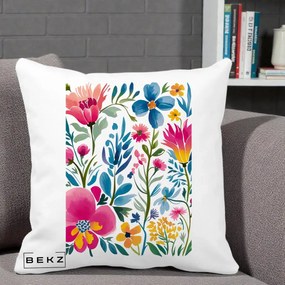 Perna Decorativa Gradina Florala Acuarela Colorata, 40x40 cm, Alba Mata, Husa Detasabila, Perna Inclusa, BEKZ®