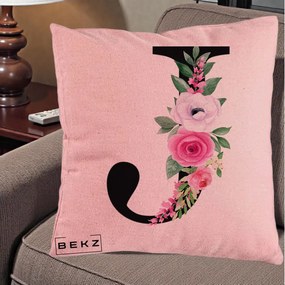 Cadou Personalizat - Perna Personalizata Monograma Florala Litera J, 40x40 cm, Roz, Husa Detasabila, Perna Inclusa, BEKZ®