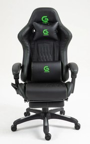 Scaun gaming, Masaj in 7 puncte, Boxe Bluetooth, funcție șezlong, 90-155 grade, suport picioare, PU, Negru/cusatura verde