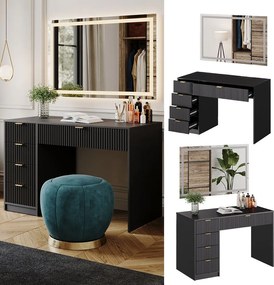 Masuta machiaj neagra cu Oglinda LED si 5 Sertare pentru Cosmetice, Set Masa toaleta 120 cm, masuta vanity cu Riflaj, cosmetica- SEN250