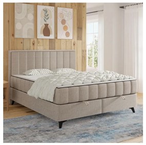 Pat tapițat ALICIA 160x200 cm, bej, cu saltele, topper și spațiu de depozitare