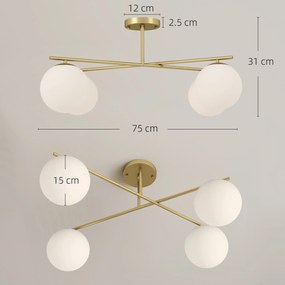 HOMCOM Plafonier candelabru modern cu 4 lumi cu soclu E14, montaj semi-aplatizat, aur si crem | Aosom Romania