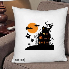 Perna Decorativa Halloween Casa Bantuita cu Fantome, 40x40 cm, Alb Pufos, Husa Detasabila, Perna Inclusa, BEKZ®