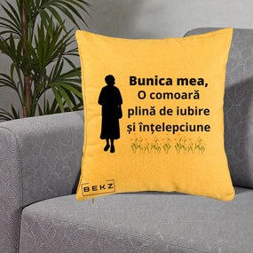 Cadou pentru Bunica - Perna Personalizata Bunica Mea Comoara Iubire Intelepciune Silueta cu Nepoata, 40x40 cm, Galben, Husa Detasabila, Perna Inclusa, BEKZ®