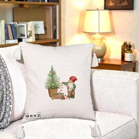 Perna Decorativa Pitic de Craciun cu Brad, 40x40 cm, Bej cu Franjuri, Husa Detasabila, Perna Inclusa, BEKZ®