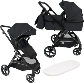 Carucior copii 2 in 1 Kidizi Moveo negru landou transformabil in parte sport, cadru black, de la nastere pana la 22 kg (0–4 ani), saltea si geanta incluse