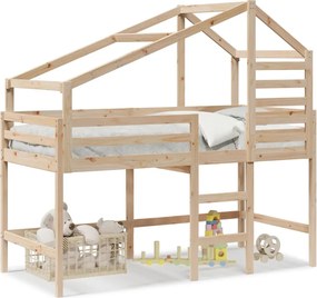 vidaXL Pat etajat cu scară și acoperiș, alb, 90x190 cm, lemn masiv pin