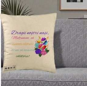 Perna Personalizata Dragii Nostri Nasi Multumim cu Flori Multicolore Colorat, 40x40 cm, Bej, Husa Detasabila, Perna Inclusa, BEKZ®