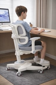 GROWFIT ERGO CARE JUNIOR PRO 360 – Scaun ergonomic reglabil pentru copii și adolescenți, cu spătar dublu adaptiv, suport lombar automat, cotiere 4D, roți cu blocare automată, ajustare completă 360°, Gri