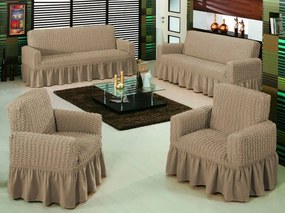 Set huse elastice si creponate pentru canapea 3 locuri, canapea 2 locuri si 1 fotoliu, cu volanas, Bej cacao cu lapte