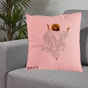 Perna Decorativa Iisus Hristos Invierea Silueta Minimalista, 40x40 cm, Roz, Husa Detasabila, Perna Inclusa, BEKZ®
