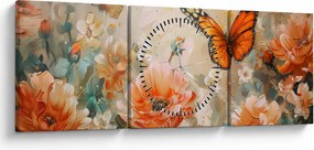Tablou - Fluture și flori, pictură în ulei (cu ceas) (90x30 cm)