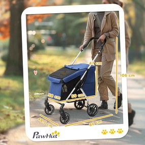 PawHut Cărucior pentru câini, transport ușor și pliabil pentru câini mici, pernă lavabilă, ferestre din plasă, Albastru inchis | Aosom Romania