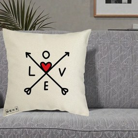 Perna Decorativa Love cu Sageti Incrucisate si Inima Rosie, 40x40 cm, Ecru, Husa Detasabila, Perna Inclusa, BEKZ®