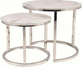 Set 2 masute cafea ATLANTA B II, alb cu efect de marmura/crom, sticla/
