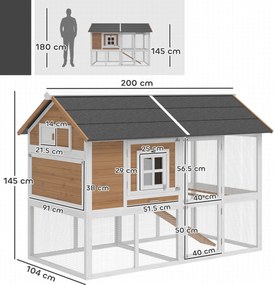 PawHut Adăpost pentru găini cu țarc Cuib tavă extractabilă acoperiș din asfalt pentru 4 găini 200x104x145cm lemn Maro | Aosom Romania