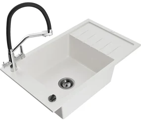 Mexen Elias chiuvetă de granit cu un compartiment, cu picurător și baterie de bucătărie Duo, Albă - 6511-20-671701-07-B