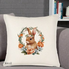 Perna Decorativa Iepuras Floral Coronita Acuarela, 40x40 cm, Crem Reliefat, Husa Detasabila, Perna Inclusa, BEKZ®