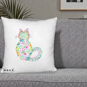 Perna Decorativa Pisica Florala Acuarela, 40x40 cm, Alb Pufos, Husa Detasabila, Perna Inclusa, BEKZ®