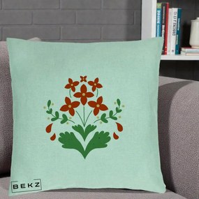Perna Decorativa Buchet Floral Folk Rosu-Verde, 40x40 cm, Verde Menta, Husa Detasabila, Perna Inclusa, BEKZ®