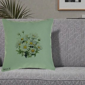 Perna Decorativa Buchet Margarete Albe Acuarela, 40x40 cm, Verde, Husa Detasabila, Perna Inclusa, BEKZ®
