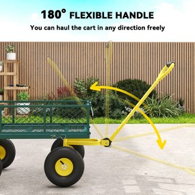 Outsunny Cărucior de Grădină Robust, Remorcă din Oțel cu Pereți Laterali Detașabili, Convertibil în Platformă, Roți de 25cm, Mâner Rotativ la 180°, Capacitate 200 kg, pentru Plajă, Peluză și Grădină, Verde | Aosom Romania