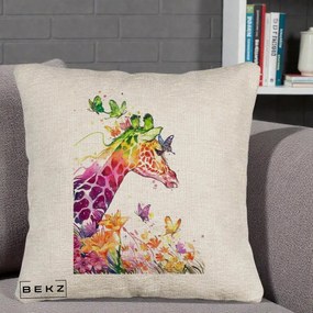 Perna Decorativa Girafa Curcubeu Acuarela, 40x40 cm, Bej Canapea, Husa Detasabila, Perna Inclusa, BEKZ®