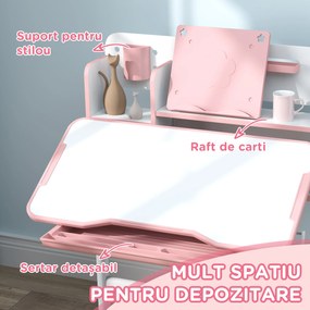 AIYAPLAY Set Birou pentru Copii 3-12 Ani Reglabil pe Înălțime și Blat Înclinabil la 45°, 80x55x107.5 cm, Culoare Roz | Aosom Romania