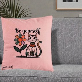 Perna Personalizata Be Yourself Pisica Folk, 40x40 cm, Roz, Husa Detasabila, Perna Inclusa, BEKZ®