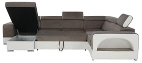 colţar în formă de U, piele ecologică albă/material textil maro, model stânga, KAMELIA