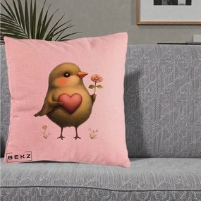 Perna Decorativa Pasare Verde cu Inima si Floare, 40x40 cm, Roz, Husa Detasabila, Perna Inclusa, BEKZ®