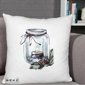 Perna Decorativa Felinar cu Lumanare si Conuri, 40x40 cm, Alb Pufos, Husa Detasabila, Perna Inclusa, BEKZ®