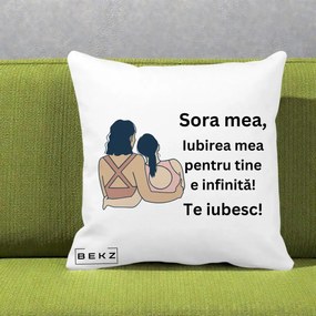 Cadou pentru Sora - Perna Personalizata Sora Mea Te Iubesc Doua Fete Fashioniste Line Art, 40x40 cm, Alba Mata, Husa Detasabila, Perna Inclusa, BEKZ®