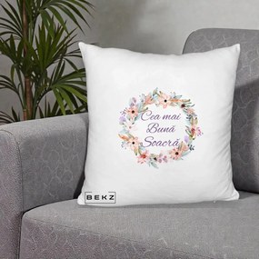 Cadou pentru Soacra - Perna Personalizata Cea mai Buna Soacra cu Coronita Flori Boho Pastel, 40x40 cm, Alb Pufos, Husa Detasabila, Perna Inclusa, BEKZ®