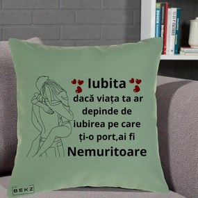 Cadou pentru Iubita - Perna Personalizata Iubita Nemuritoare cu Cuplu Line-Art si Inimi Rosii, 40x40 cm, Verde, Husa Detasabila, Perna Inclusa, BEKZ®