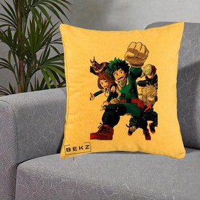 Perna Personalizata My Hero Academia Izuku Deku si Echipa, 40x40 cm, Galben, Husa Detasabila, Perna Inclusa, BEKZ®