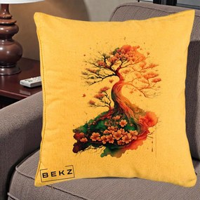 Perna Decorativa Copac Sakura Acuarela Fantasy, 40x40 cm, Galben, Husa Detasabila, Perna Inclusa, BEKZ®