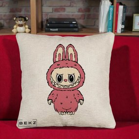Perna Personalizata Labubu Roz Solo, 40x40 cm, Bej Canapea, Husa Detasabila, Perna Inclusa, BEKZ®
