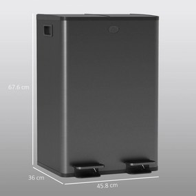 HOMCOM Coș de bucătărie 2 compartimente de 2 x 28L, oțel inoxidabil, capac cu închidere silențioasă, 45,8x36x67,6cm, negru | Aosom Romania