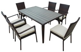 Outsunny Set Mobilier de Extern in PE Rattan Masa de Pranz in Lemn cu 6 Scaune cu Perne, Maro