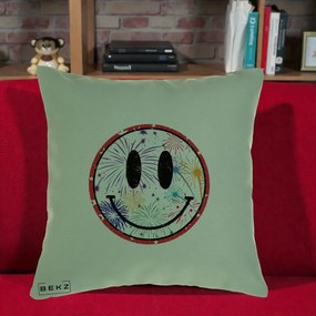 Perna Decorativa Smiley Face cu Artificii Multicolore, 40x40 cm, Verde, Husa Detasabila, Perna Inclusa, BEKZ®