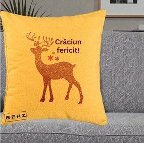 Perna Decorativa Ren Sclipitor Glitter Craciun Fericit, 40x40 cm, Galben, Husa Detasabila, Perna Inclusa, BEKZ®