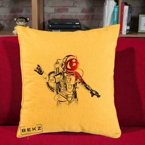 Perna Decorativa Astronaut Rock Sketching, 40x40 cm, Galben, Husa Detasabila, Perna Inclusa, BEKZ®